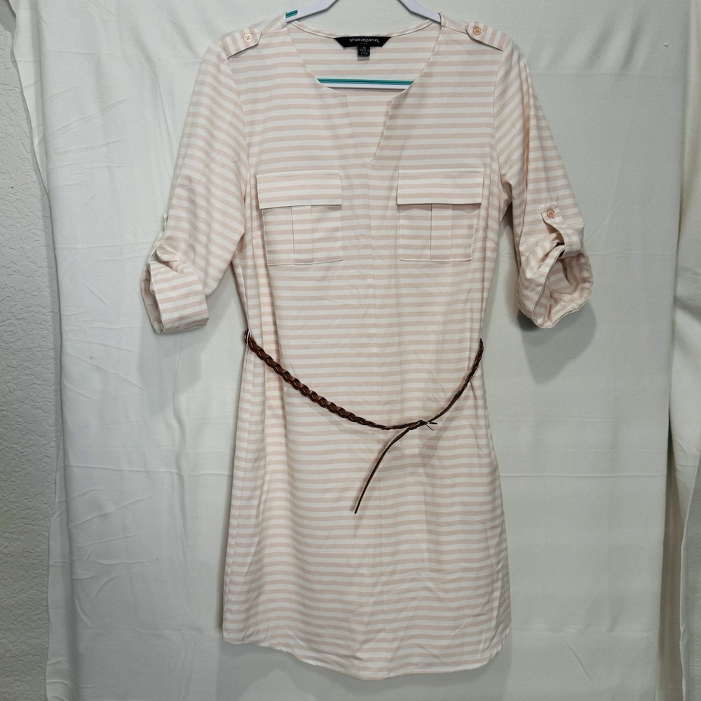 Sharagano Women's Pink And White Strip Dress V Neck 3/4‎ Sleeve Belted Sz 10